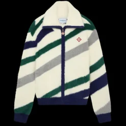 Diagonal Striped Fluffy Zip Up Jumper