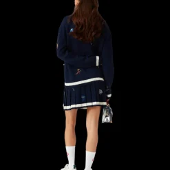 Embroidered Motif Wool Cashmere Pleated Skirt
