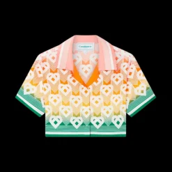 Gradient Heart Monogram Cropped Silk Shirt