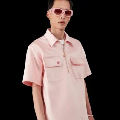 Satin Quarter Zip Short Sleeve Shirt