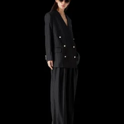 Wool Pinstripe Triple Pleat Tailored Trousers